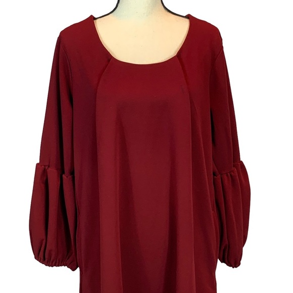 Standards Practice Stella Brick Red Crepe Knit 3/4 Balloon Sleeve Midi Dress- 1X - Picture 2 of 12